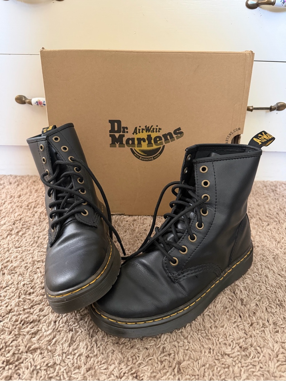 Dr. Martens Black Leather 8-Eye Lace-Up Combat Boots with Yellow Stitching